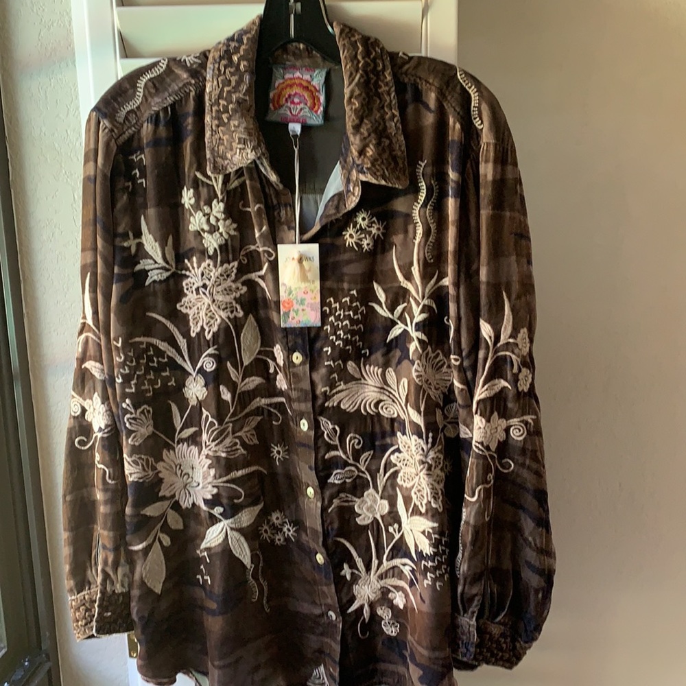 NWT Johnny Was Maree Velvet Oversized Shirt - camo and cream!